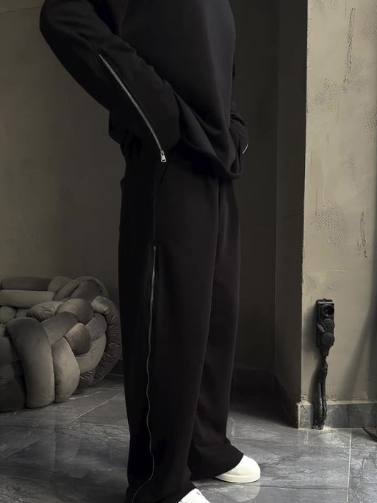Black Side Zip Detail Oversized Sweatshirt & Wide-Leg Pants Set