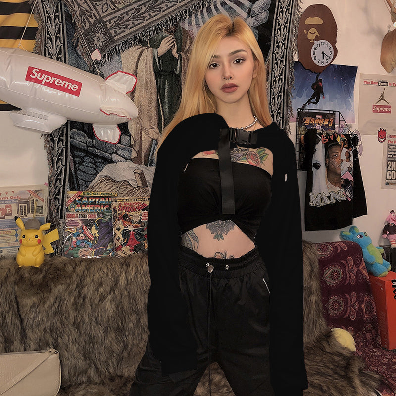 Super short hooded hoodie with loose long sleeves and a Hiphop jazz top