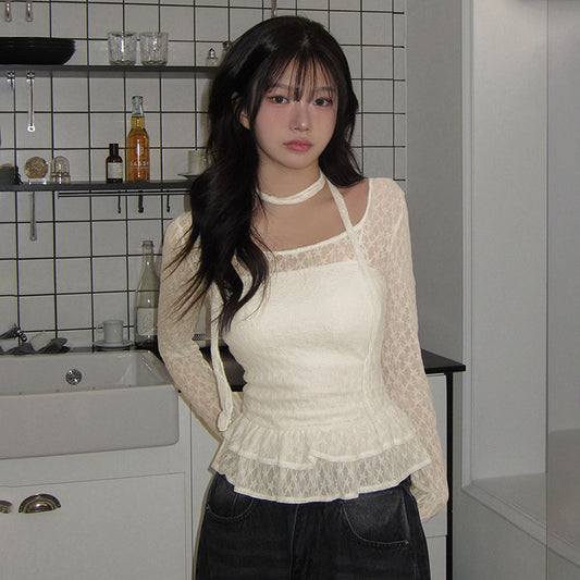 V-neck Lace Flared-sleeve Belted Slim-fit Crop Top