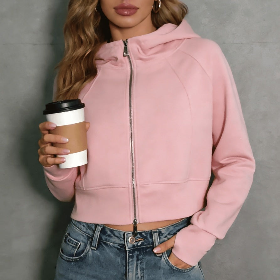 Retro Double Zip Hooded Fleece Lined Sweatshirt Short Cardigan Jacket