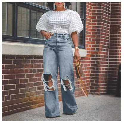 Womens Distressed Ripped Straight-Leg Washed Denim Jeans