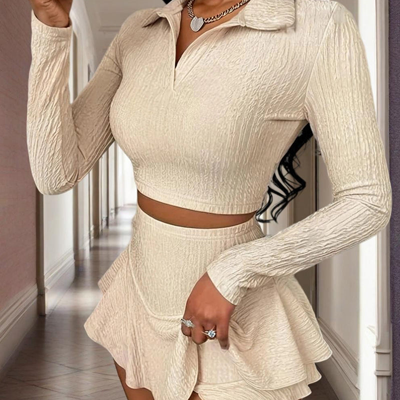 Women's Solid Color Lapel Crop Top & Asymmetrical Ruffle Skirt Set - Spring&Fall Vacation Outfit