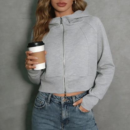 Retro Double Zip Hooded Fleece Lined Sweatshirt Short Cardigan Jacket