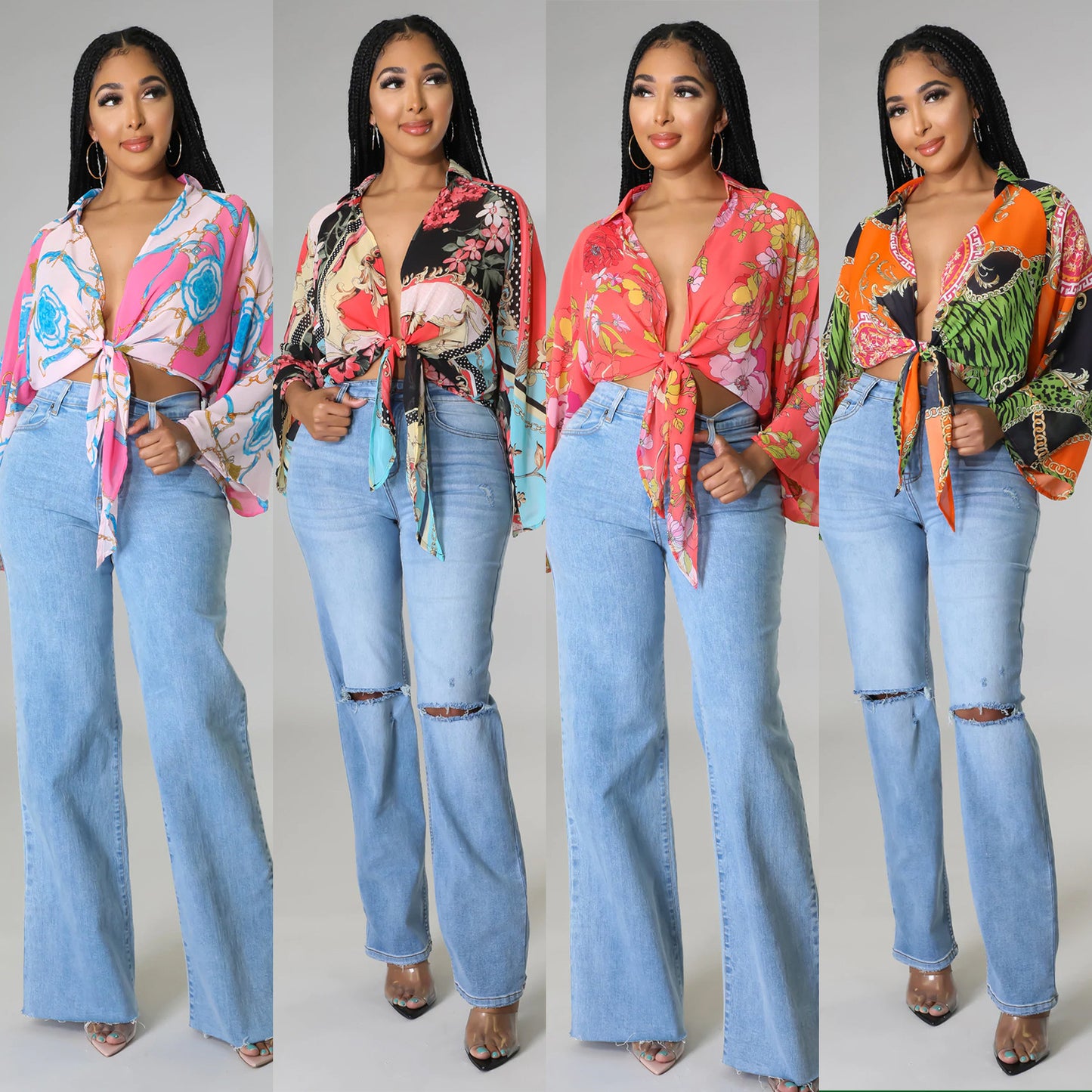 Women's Fashion Print Long Sleeve Flared Sleeve Crop Top