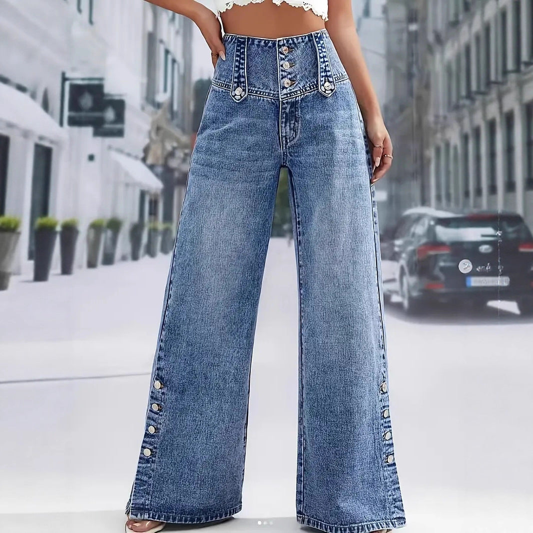 Women's High-Waisted Retro Button Denim Wide-Leg Pants