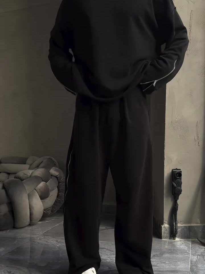Black Side Zip Detail Oversized Sweatshirt & Wide-Leg Pants Set