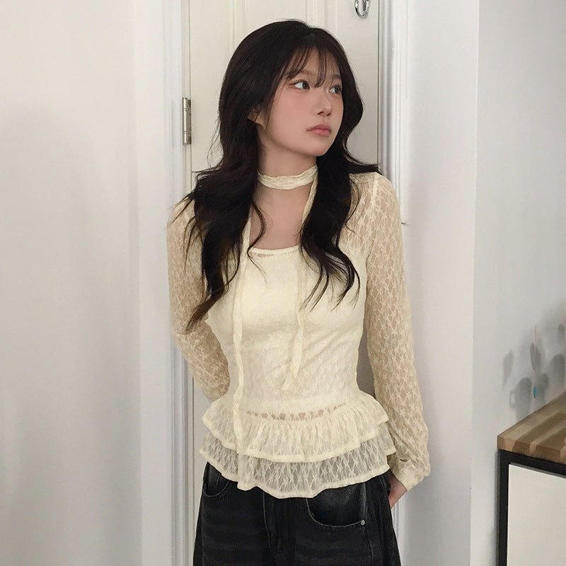 V-neck Lace Flared-sleeve Belted Slim-fit Crop Top