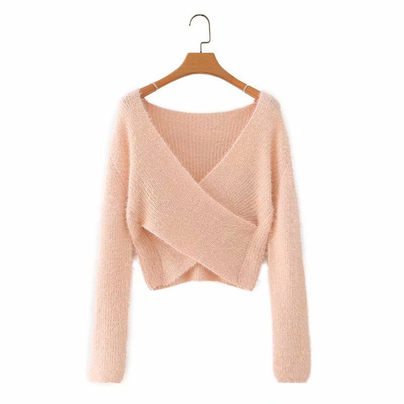Furry Cross V-Neck Long-Sleeved Crop Top Sweater