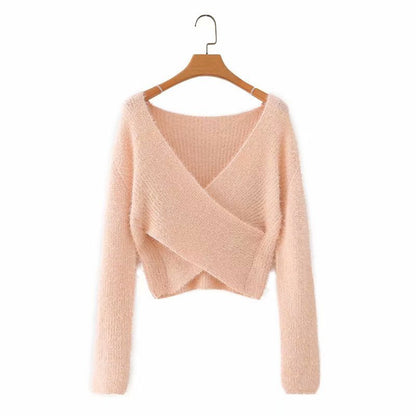 Furry Cross V-Neck Long-Sleeved Crop Top Sweater