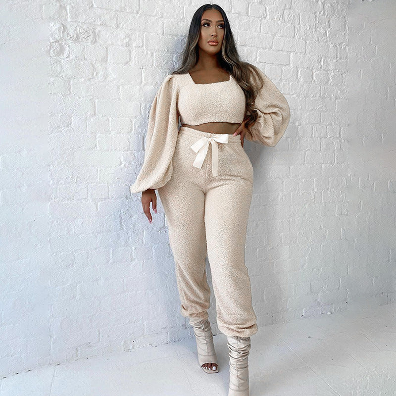 Puff Sleeve Crop Top Tie Casual Pants Plush Suit