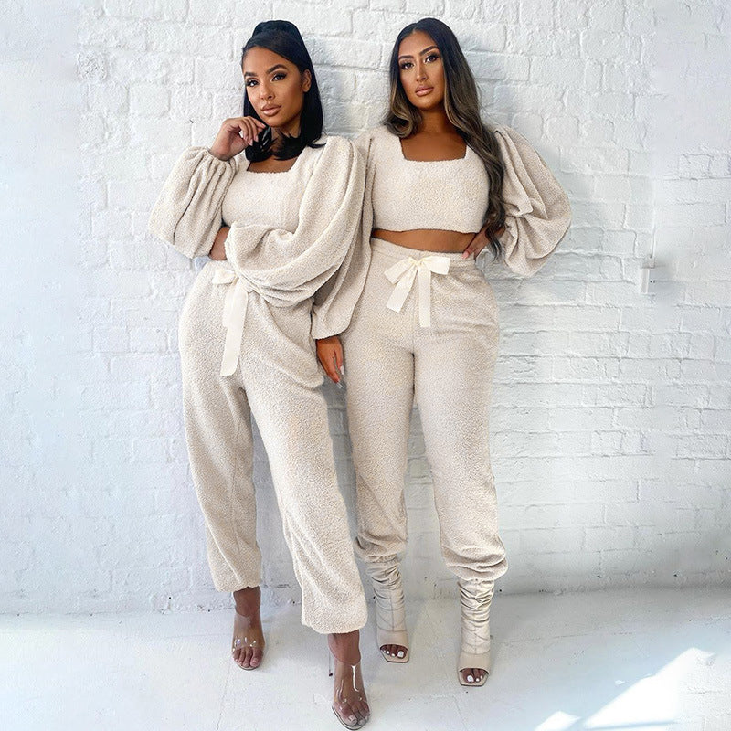 Puff Sleeve Crop Top Tie Casual Pants Plush Suit
