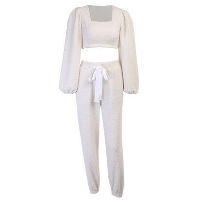 Puff Sleeve Crop Top Tie Casual Pants Plush Suit