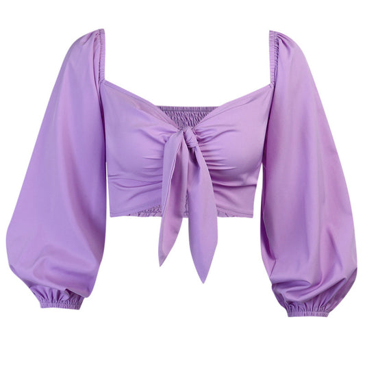 Off-Shoulder V-Neck Long Puff Lantern Sleeve Lace Up Crop Top Blouse