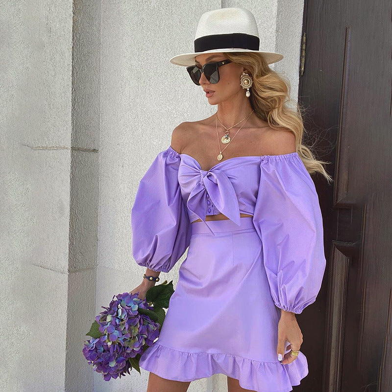 Off-Shoulder V-Neck Long Puff Lantern Sleeve Lace Up Crop Top Blouse