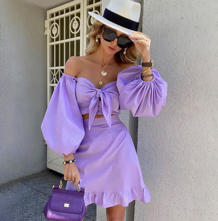 Off-Shoulder V-Neck Long Puff Lantern Sleeve Lace Up Crop Top Blouse