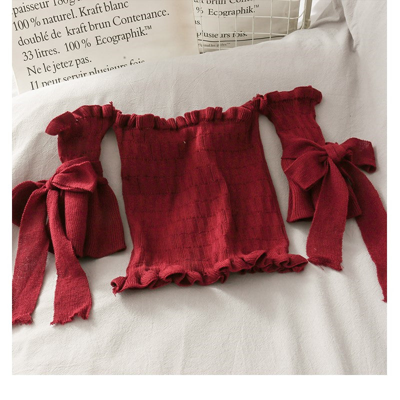 Bow Tie Short Shoulder Crop Top Navel Knit T-shirt