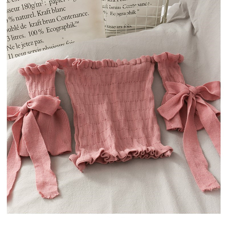 Bow Tie Short Shoulder Crop Top Navel Knit T-shirt