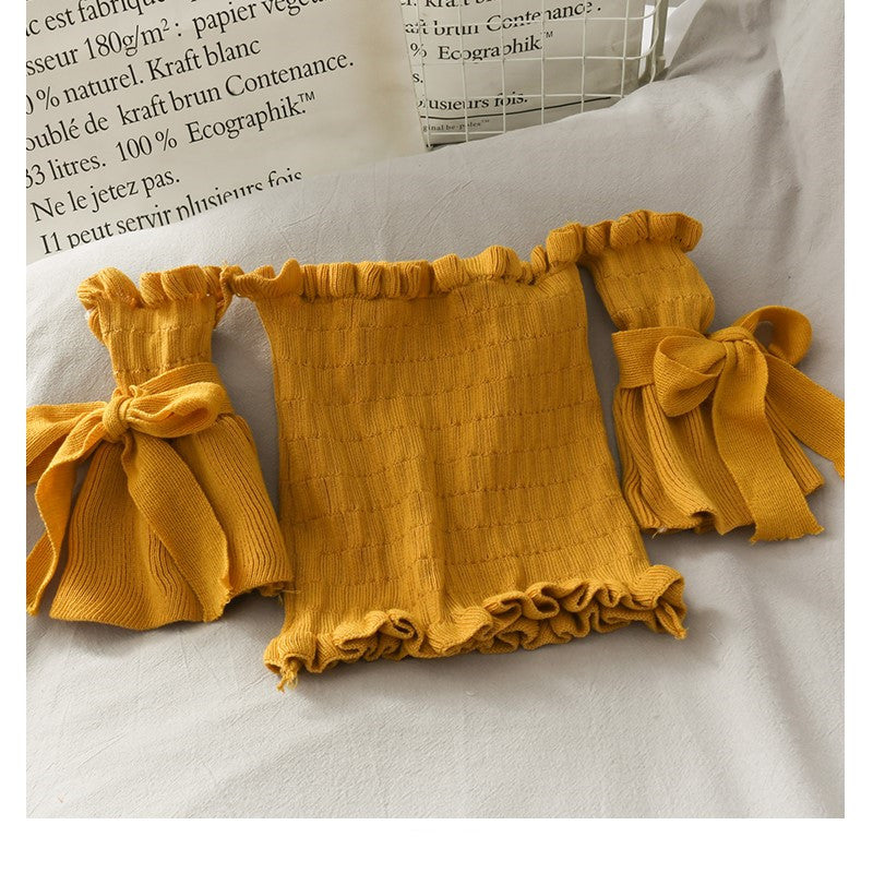 Bow Tie Short Shoulder Crop Top Navel Knit T-shirt