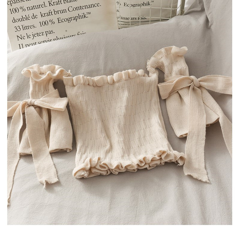 Bow Tie Short Shoulder Crop Top Navel Knit T-shirt