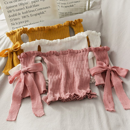 Bow Tie Short Shoulder Crop Top Navel Knit T-shirt