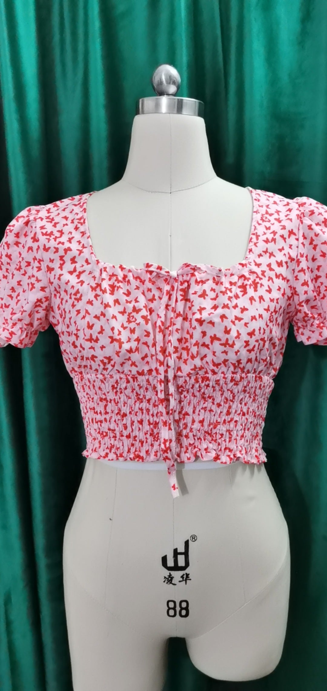 Butterfly Print Square Neckline Drawstring Princess Sleeve Crop Top