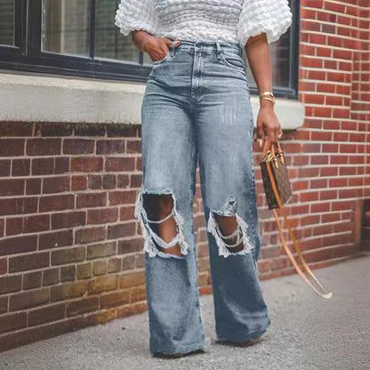 Womens Distressed Ripped Straight-Leg Washed Denim Jeans