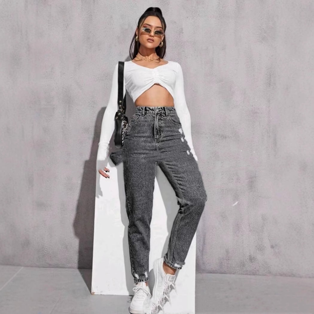 European And American Women's Casual Ripped Washed Jeans With Nine-part Calf