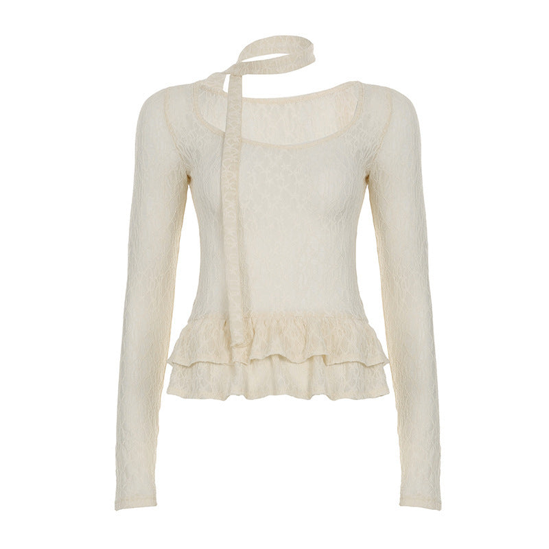 V-neck Lace Flared-sleeve Belted Slim-fit Crop Top