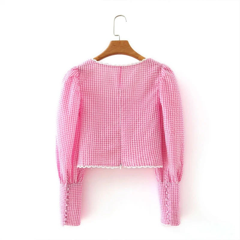 Square neck palace style bubble long-sleeved crop top