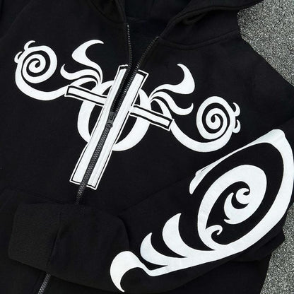 Letter Pattern Printed Hoodie Long Zipper Sweater Coat