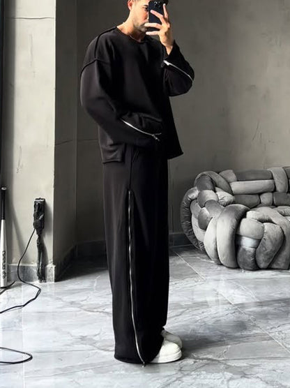 Black Side Zip Detail Oversized Sweatshirt & Wide-Leg Pants Set