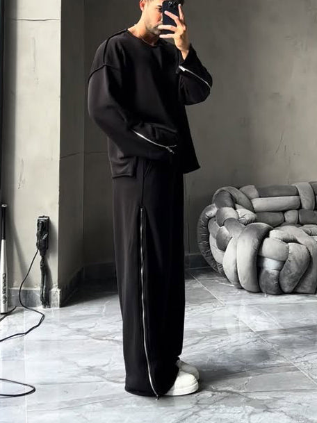 Black Side Zip Detail Oversized Sweatshirt & Wide-Leg Pants Set