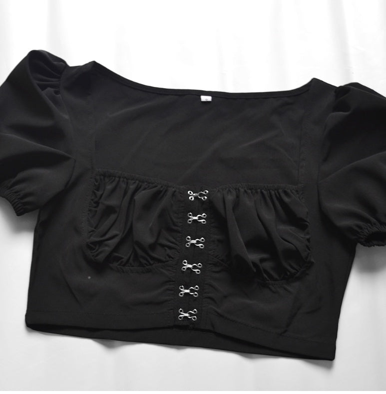 Puff Sleeve Collar Buttoned Crop Top