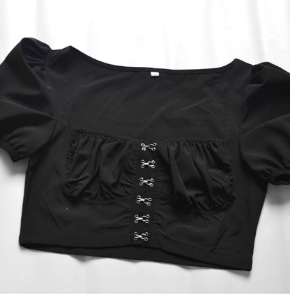 Puff Sleeve Collar Buttoned Crop Top