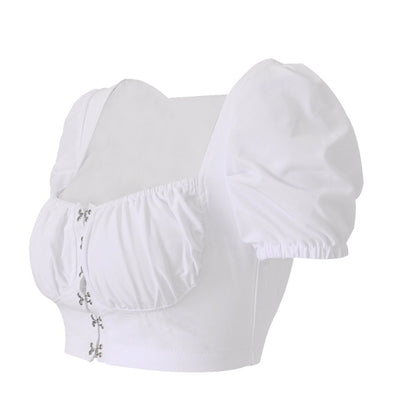 Puff Sleeve Collar Buttoned Crop Top