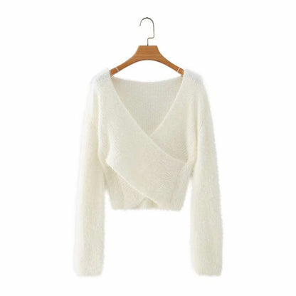 Furry Cross V-Neck Long-Sleeved Crop Top Sweater