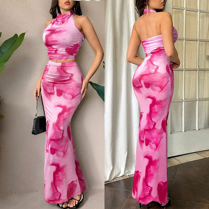 Printed Halterneck Backless Crop Top High-waisted Fitted Long Skirt Two-piece Set