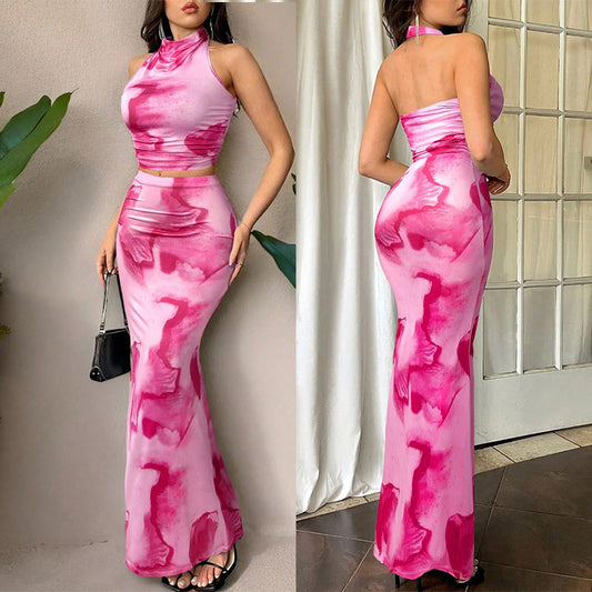 Printed Halterneck Backless Crop Top High-waisted Fitted Long Skirt Two-piece Set