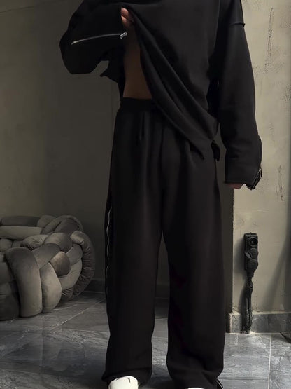 Black Side Zip Detail Oversized Sweatshirt & Wide-Leg Pants Set