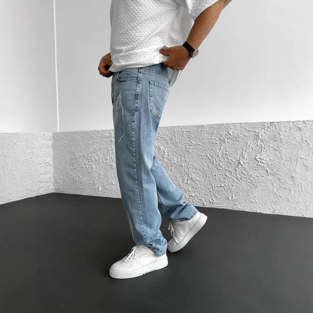 Men's Straight-leg Pants Printed Solid Color Loose Wide Leg Denim