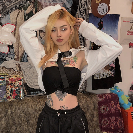 Super short hooded hoodie with loose long sleeves and a Hiphop jazz top