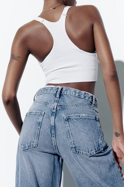 Spring And Summer Women's Perforated Hole Decoration High Waist Wide Leg Jeans