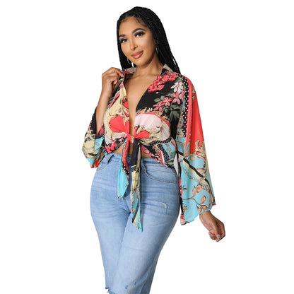 Women's Fashion Print Long Sleeve Flared Sleeve Crop Top