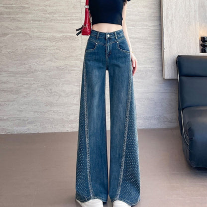 Hot-stone Embellished Wide-leg Flared Denim Jeans For Women Loose Fit In Washed Blue