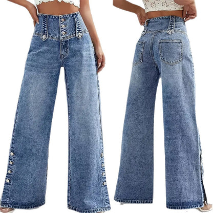 Women's High-Waisted Retro Button Denim Wide-Leg Pants