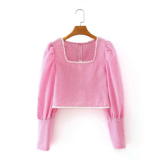 Square neck palace style bubble long-sleeved crop top