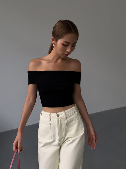 One-shoulder Knitted T-shirt Women's Cropped Crop Top