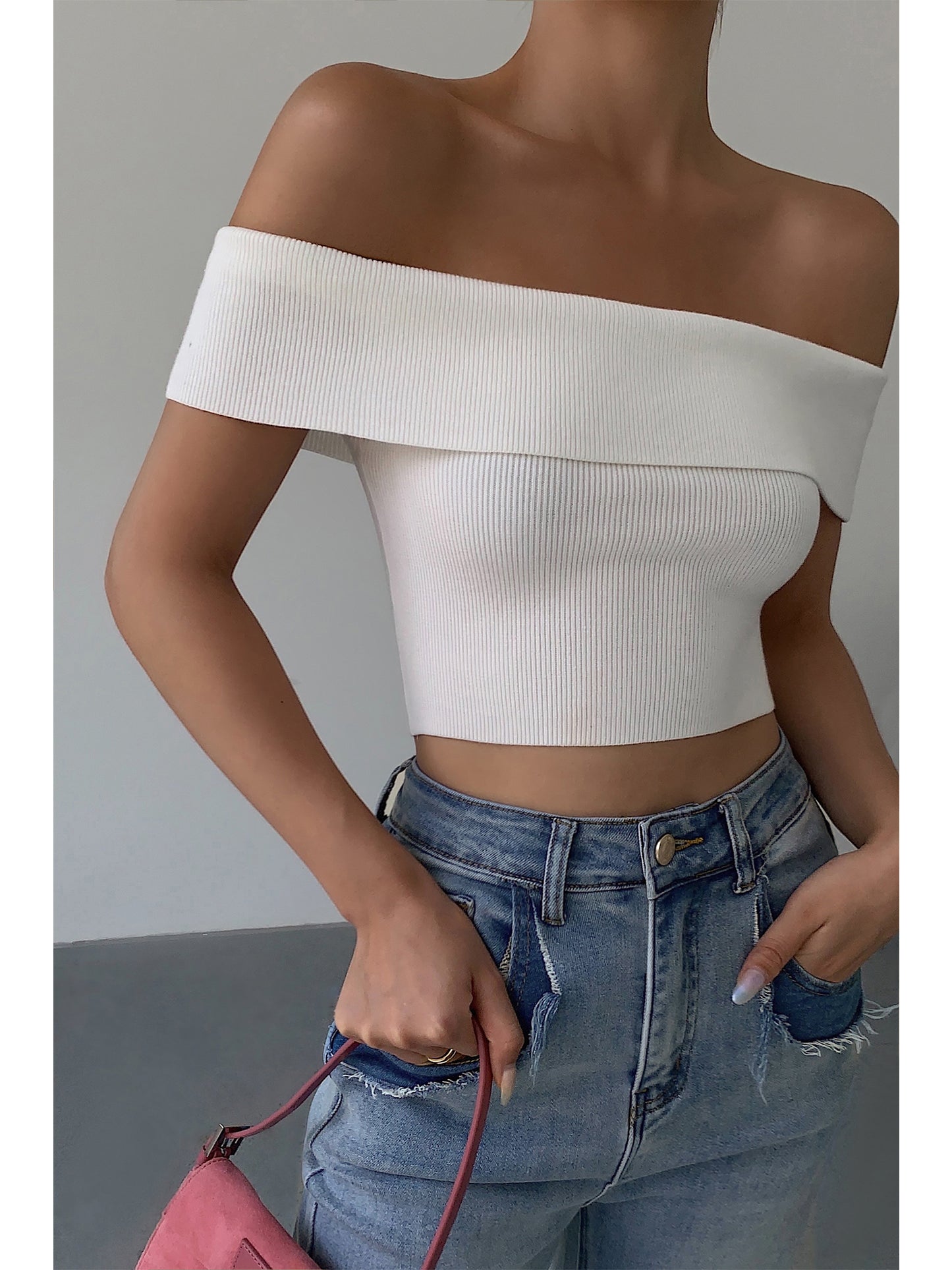 One-shoulder Knitted T-shirt Women's Cropped Crop Top