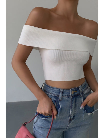 One-shoulder Knitted T-shirt Women's Cropped Crop Top