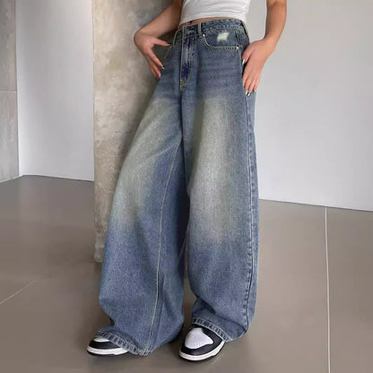 Water-washed Blue Wide-leg Extra-long Floor-length Jeans